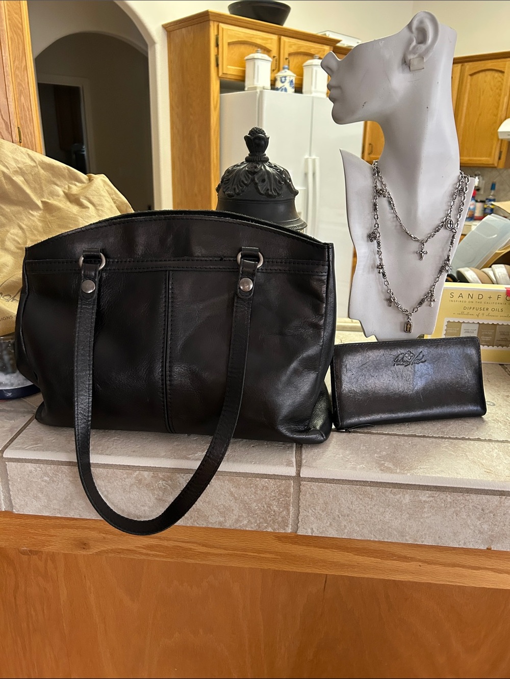 Patricia Nash Black Leather Tote Bag with Matching Wallet